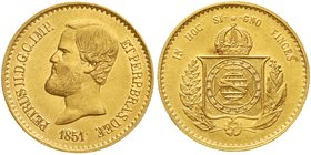 Ausländische Goldmünzen und -medaillen
Brasilien
Pedro II., 1831-1889
20000 Reis 1851. Schmaler Kopf. 17,93 g. 917/1000.
vorzüglich/Stempelglanz, ...