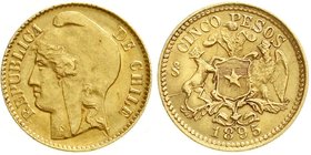 Ausländische Goldmünzen und -medaillen
Chile
Republik, seit 1818
5 Pesos 1895. 3,00 g. 917/1000
gutes vorzüglich, interessante Stempelbrüche der R...