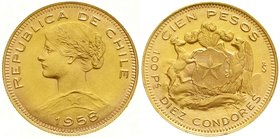 Ausländische Goldmünzen und -medaillen
Chile
Republik, seit 1818
100 Pesos (10 Condores) 1958. 20,34 g. 900/1000.
vorzüglich/Stempelglanz