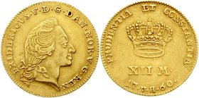Ausländische Goldmünzen und -medaillen
Dänemark
Frederik V. 1746-1766
Kurant-Dukat (12 Mark) 1760 W VH, Kopenhagen. 3,10 g.
vorzüglich