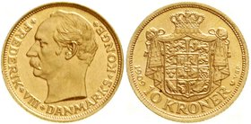 Ausländische Goldmünzen und -medaillen
Dänemark
Frederik VIII., 1906-1912
10 Kronen 1909 VBP. 4,48 g. 900/1000.
fast Stempelglanz