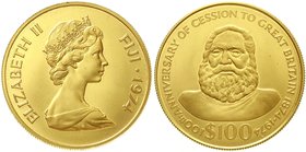 Ausländische Goldmünzen und -medaillen
Fidschi Inseln
Elisabeth II., seit 1952
100 Dollars 1974, König Cakobau. 31,36 g. 500/1000. In Kapsel.
Stem...