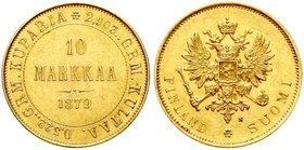 Ausländische Goldmünzen und -medaillen
Finnland
Alexander II., 1855-1881
10 Markkaa 1879. 3,23 g. 900/1000.
gutes vorzüglich