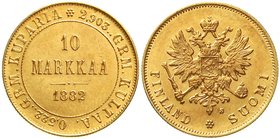 Ausländische Goldmünzen und -medaillen
Finnland
Alexander III., 1881-1894
10 Markkaa 1882 S. 3,23 g. 900/1000.
vorzüglich/Stempelglanz