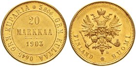 Ausländische Goldmünzen und -medaillen
Finnland
Nikolaus II., 1894-1917
20 Markkaa 1903 L. 6,45 g. 900/1000.
gutes vorzüglich