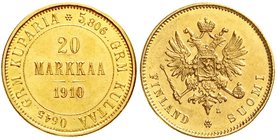 Ausländische Goldmünzen und -medaillen
Finnland
Nikolaus II., 1894-1917
20 Markkaa 1910. 6,45 g. 900/1000.
vorzüglich/Stempelglanz