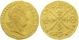 Ausländische Goldmünzen und -medaillen
Frankreich
Ludwig XIV., 1643-1715
Louis d'or aux insignes 1704 A, Paris. 6,65 g.
fast sehr schön