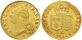 Ausländische Goldmünzen und -medaillen
Frankreich
Ludwig XVI., 1774-1793
Double Louis d or a la tete nue 1788 K, Bordeaux. 15,21 g.
gutes vorzügli...
