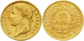 Ausländische Goldmünzen und -medaillen
Frankreich
Napoleon I., 1804-1814/15
20 Francs 1808 A, Paris. 6,45 g. 900/1000.
sehr schön, schöne Goldtönu...
