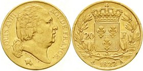 Ausländische Goldmünzen und -medaillen
Frankreich
Ludwig XVIII., 1814/1815-1824
20 Francs 1822 A, Paris. 6,45 g. 900/1000.
sehr schön