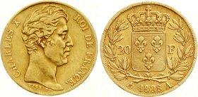 Ausländische Goldmünzen und -medaillen
Frankreich
Charles X., 1824-1830
20 Francs 1828 A. Paris. 6,45 g. 900/1000.
sehr schön, leichte prägebed. R...