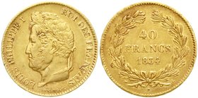 Ausländische Goldmünzen und -medaillen
Frankreich
Louis Philippe I., 1830-1848
40 Francs 1834 L, Bayonne. 12,90 g. 900/1000.
gutes sehr schön, kl....