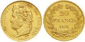 Ausländische Goldmünzen und -medaillen
Frankreich
Louis Philippe I., 1830-1848
20 Francs 1836 A, Paris. 6,45 g. 900/1000.
sehr schön