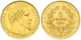 Ausländische Goldmünzen und -medaillen
Frankreich
Napoleon III., 1852-1870
5 Francs "Petit module" 1855 A, Paris. vorzüglich/Stempelglanz, min. Ran...