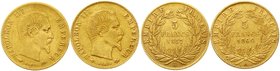 Ausländische Goldmünzen und -medaillen
Frankreich
Napoleon III., 1852-1870
2 X 5 Francs: 1857 A und 1860 A, Paris. Zus. 3,23 g. 900/1000.
beide se...