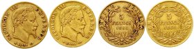 Ausländische Goldmünzen und -medaillen
Frankreich
Napoleon III., 1852-1870
2 X 5 Francs: 1866 BB und 1868 BB, Straßburg. Zus. 3,23 g. 900/1000.
be...