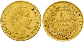 Ausländische Goldmünzen und -medaillen
Frankreich
Napoleon III., 1852-1870
5 Francs 1859 A, Paris. 1,63 g. 900/1000.
fast vorzüglich
