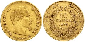 Ausländische Goldmünzen und -medaillen
Frankreich
Napoleon III., 1852-1870
10 Francs 1859 BB, Straßburg. 3,22 g. 900/1000. Auflage nach KM nur 2279...