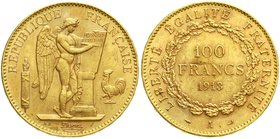 Ausländische Goldmünzen und -medaillen
Frankreich
Dritte Republik, 1871-1940
100 Francs stehender Genius 1913 A, Paris 32,26 g. 900/1000.
fast vor...