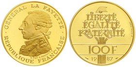 Ausländische Goldmünzen und -medaillen
Frankreich
Fünfte Republik, seit 1958
100 Francs 1987, La Fayette. 17 g. 920/1000.
Polierte Platte, winz. K...
