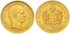 Ausländische Goldmünzen und -medaillen
Griechenland
Georg I., 1863-1913
20 Drachmen 1884 A. 6,45 g. 900/1000.
sehr schön/vorzüglich