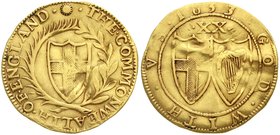 Ausländische Goldmünzen und -medaillen
Grossbritannien
Commonwealth, 1649-1660
Unite 1653. 8,72 g.
sehr schön, etwas wellig, selten