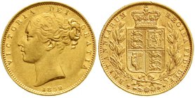 Ausländische Goldmünzen und -medaillen
Grossbritannien
Victoria, 1837-1901
Sovereign 1852. Av. double struck. 7,99 g. 917/1000.
vorzüglich