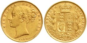 Ausländische Goldmünzen und -medaillen
Grossbritannien
Victoria, 1837-1901
Sovereign 1869, Wappen, Die-Nr. 54. 7,99 g. 917/1000.
vorzüglich, winz....