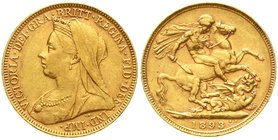Ausländische Goldmünzen und -medaillen
Grossbritannien
Victoria, 1837-1901
Sovereign 1893. 7,99 g. 917/1000.
sehr schön