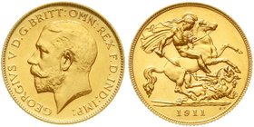 Ausländische Goldmünzen und -medaillen
Grossbritannien
Georg V., 1910-1936
1/2 Sovereign 1911. 3,99 g. 917/1000.
Polierte Platte, sehr selten