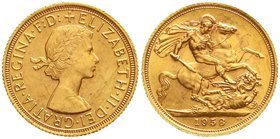 Ausländische Goldmünzen und -medaillen
Grossbritannien
Elisabeth II., seit 1952
Sovereign 1958 Drachentöter. 7,99 g. 917/1000.
prägefrisch