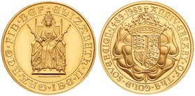 Ausländische Goldmünzen und -medaillen
Grossbritannien
Elisabeth II., seit 1952
2 Pounds 1989, zur 500 Jf. des Sovereign. 15,98 g. 917/1000.
Polie...