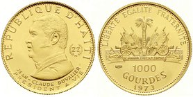 Ausländische Goldmünzen und -medaillen
Haiti
1000 Gourdes 1973, Präsident Jean Claude Duvalier (Baby Doc). 13,00 g. 900/1000.
BU, selten
