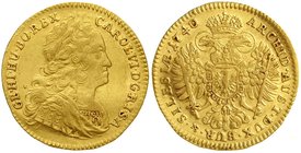 Gold der Habsburger Erblande und Österreichs, Haus Habsburg, Karl VI., 1711-1740
Dukat 1740, Breslau. 3,48 g.
fast vorzüglich, kl. Kratzer, selten