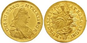Gold der Habsburger Erblande und Österreichs, Haus Habsburg, Maria Theresia, 1740-1780
Dukat 1770 BL, Nagybanya. 3,48 g.
gutes vorzüglich, kl. Kratz...