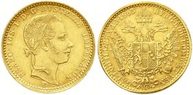 Gold der Habsburger Erblande und Österreichs, Haus Habsburg, Franz Joseph I., 1848-1916
Dukat 1863 E, Karlsburg. 3,48 g.
vorzüglich, kl. Kratzer