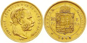 Gold der Habsburger Erblande und Österreichs, Haus Habsburg, Franz Joseph I., 1848-1916
8 Forint/20 Francs 1877 KB, für Ungarn. 6,45 g. 900/1000
fas...
