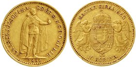 Gold der Habsburger Erblande und Österreichs, Haus Habsburg, Franz Joseph I., 1848-1916
10 Korona 1898 KB. Stehender Herrscher. Für Ungarn. 3,39 g. 9...