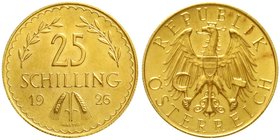 Gold der Habsburger Erblande und Österreichs, Österreich, 1. Republik, 1918-1938
25 Schilling 1926. 5,87 g. 900/1000.
fast Stempelglanz