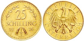 Gold der Habsburger Erblande und Österreichs, Österreich, 1. Republik, 1918-1938
25 Schilling 1926. 5,87 g. 900/1000.
vorzüglich/Stempelglanz