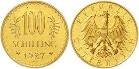 Gold der Habsburger Erblande und Österreichs, Österreich, 1. Republik, 1918-1938
100 Schilling 1927. 23,52 g. 900/1000.
sehr schön/vorzüglich