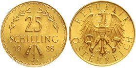Gold der Habsburger Erblande und Österreichs, Österreich, 1. Republik, 1918-1938
25 Schilling 1928. 5,87 g. 900/1000.
fast Stempelglanz