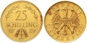 Gold der Habsburger Erblande und Österreichs, Österreich, 1. Republik, 1918-1938
25 Schilling 1929. 5,87 g. 900/1000.
vorzüglich/Stempelglanz