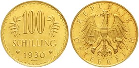 Gold der Habsburger Erblande und Österreichs, Österreich, 1. Republik, 1918-1938
100 Schilling 1930. 23,52 g. 900/1000.
vorzüglich, berieben
