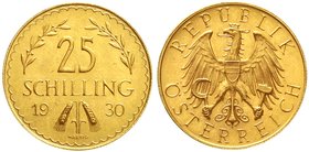 Gold der Habsburger Erblande und Österreichs, Österreich, 1. Republik, 1918-1938
25 Schilling 1930. 5,87 g. 900/1000.
vorzüglich/Stempelglanz