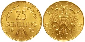 Gold der Habsburger Erblande und Österreichs, Österreich, 1. Republik, 1918-1938
25 Schilling 1931. 5,87 g. 900/1000.
Stempelglanz, Prachtexemplar