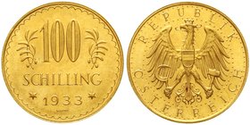 Gold der Habsburger Erblande und Österreichs, Österreich, 1. Republik, 1918-1938
100 Schilling 1933. 23,52 g. 900/1000. Aufl. nur 4727 Ex.
vorzüglic...