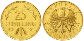 Gold der Habsburger Erblande und Österreichs, Österreich, 1. Republik, 1918-1938
25 Schilling 1934. 5,87 g. 900/1000.
vorzüglich/Stempelglanz aus EA...