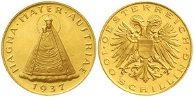 Gold der Habsburger Erblande und Österreichs, Österreich, 1. Republik, 1918-1938
100 Schilling 1937. Mariazell. 23,52 g. 900/1000.
vorzüglich