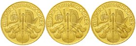 Gold der Habsburger Erblande und Österreichs, Österreich, 2. Republik, seit 1945
3 X 500 Schilling 1989, Philharmoniker. Je 1/4 Unze Feingold.
Stemp...